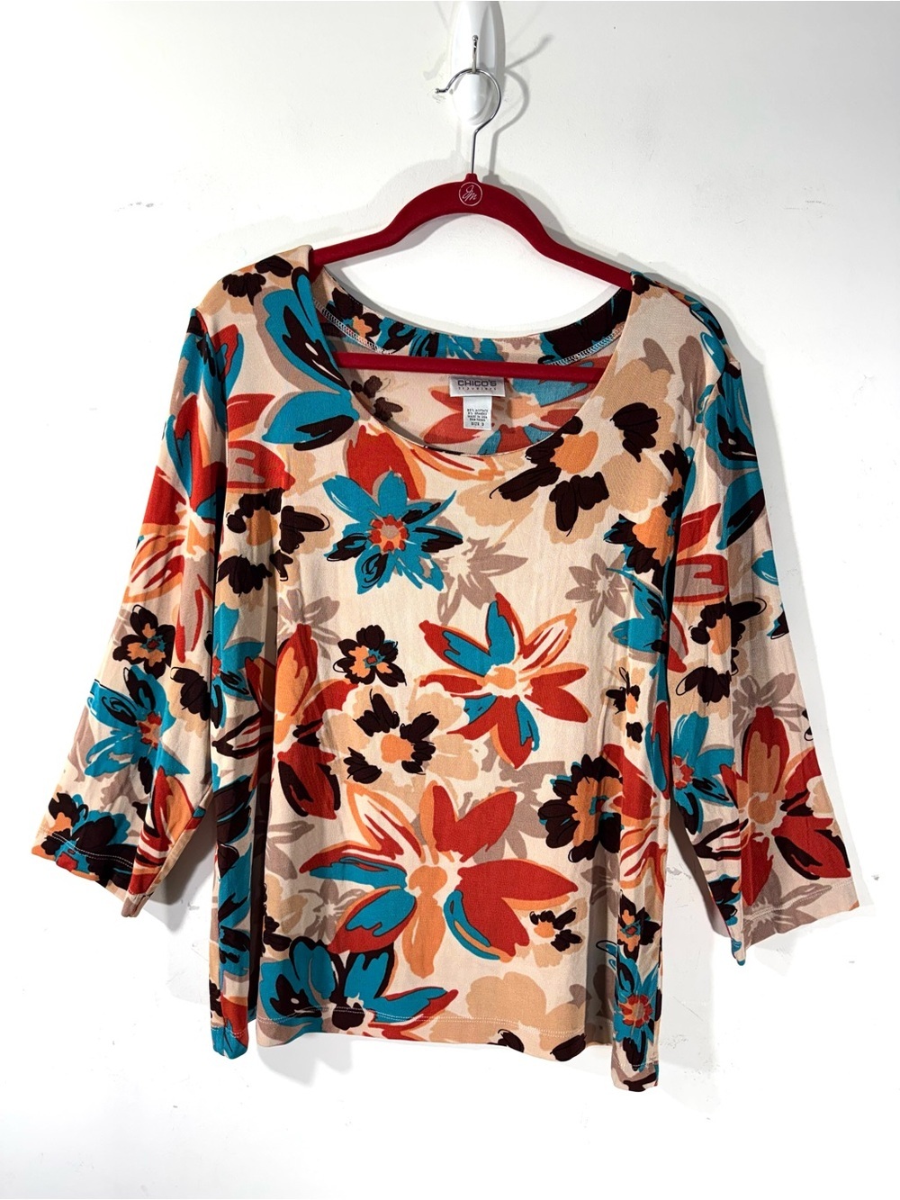 Chico’s Travelers Colorful Floral Slinky Knit Tunic Top Wrinkle Resistant